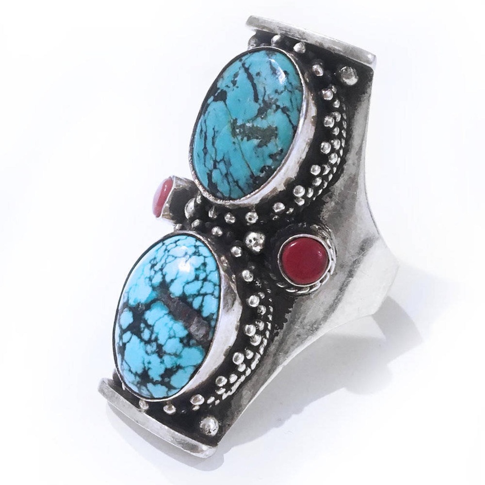 Turquoise and Coral Silver Long Finger Ring